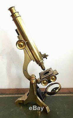 Rare Antique Dollond London Brass Wenham Microscope with Lenses in Display Box