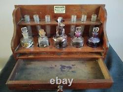 Rare Antique Mahogany Apothecary Cabinet With Drawer, Bottles & Instruments