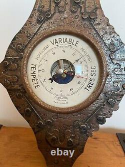 Rare Antique Vintage French Arts & Crafts Aneroid Banjo Barometer