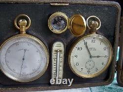 Rare C1910-15 Antique Edwardian Gents Barometer Thermometer Compass Clock Cased