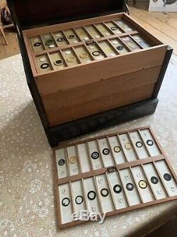 Rare Unusual Antique Victorian Microscope Slide Cabinet Decanter box + contents