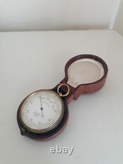 Rare antique hicks pocket Barometer thermometer and compass in leather case
