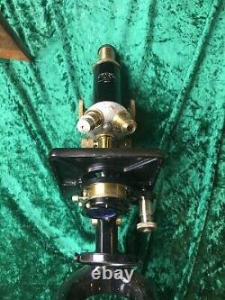 Rare antique vintage Charles Perry brass microscope with original wooden box
