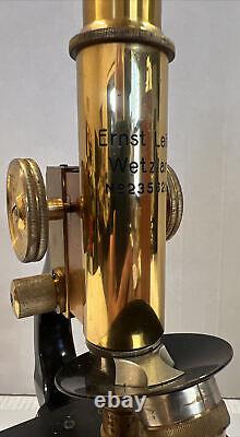 Stunning c1925 Leitz Wetzlar Brass Monocular Microscope 3 Objectives Wooden Case