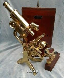 Superb Antique All Brass Microscope With Case Baker London