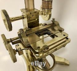 Superb Antique Brass Binocular Microscope with Lenses in Box by Marratt & Short