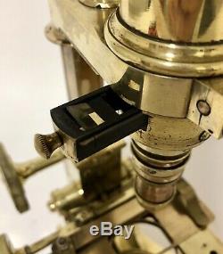 Superb Antique Brass Binocular Microscope with Lenses in Box by Marratt & Short