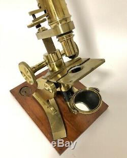 Superb Antique Victorian Brass Bar Limb Microscope Lenses Tweezers Bullseye Box