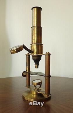 Unusual 19thC Antique French Brass Field Microscope-Dbl Column/Pillar-Wood Case