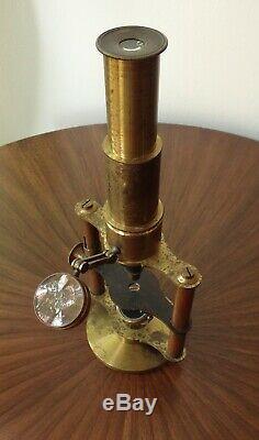 Unusual 19thC Antique French Brass Field Microscope-Dbl Column/Pillar-Wood Case