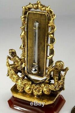 Unusual Antique Gilt Miniature Thermometer & Agate Seal Cherubs Fob / Pendant