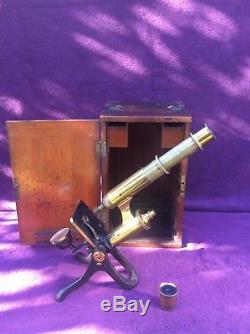VINTAGE ANTIQUE HENRY CROUCH OF LONDON BRASS MICROSCOPE WITH BOX + LENSES c1880
