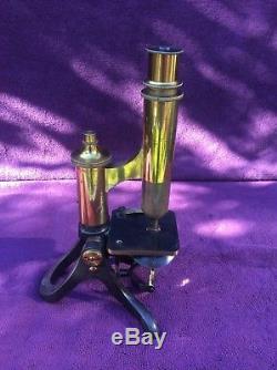 VINTAGE ANTIQUE HENRY CROUCH OF LONDON BRASS MICROSCOPE WITH BOX + LENSES c1880