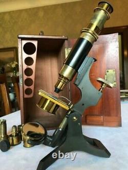 Very Early Antique W. Watson & Sons Ltd Brass Histology Microscope c1891, Cased