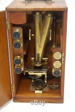 Victorian Cased Binocular Microscope By H&w Crouch Of 64a Bishopsgate St London
