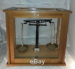 Vintage Antique Philip Harris Laboratory Scales With An Oak Frame & Glass Case