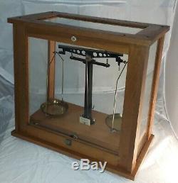 Vintage Antique Philip Harris Laboratory Scales With An Oak Frame & Glass Case