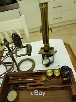 Vintage Smith & Beck Brass Microscope Full Set With Box Of Slides. Antique