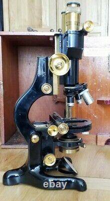 Vintage W. Watson & Sons Ltd BACTIL HIGH-POWER microscope in barss circa 1932