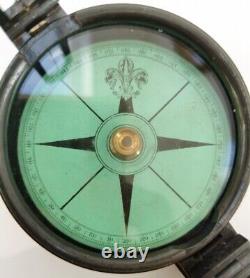 Vintage c1900 Brass Body Green Fleur De Lys Card Marching Compass & Leather Case