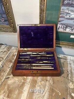 WW1 Antique Mahogany Cased Military Draughtsman Set 1914 inscribed