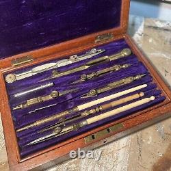 WW1 Antique Mahogany Cased Military Draughtsman Set 1914 inscribed