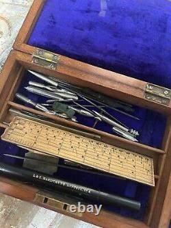 WW1 Antique Mahogany Cased Military Draughtsman Set 1914 inscribed