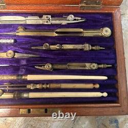 WW1 Antique Mahogany Cased Military Draughtsman Set 1914 inscribed