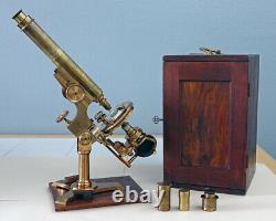 W. H. BULLOCH CHICAGO ANTIQUE BRASS BIOLOGICAL MICROSCOPE NO 2 WithWOOD CASE 1888